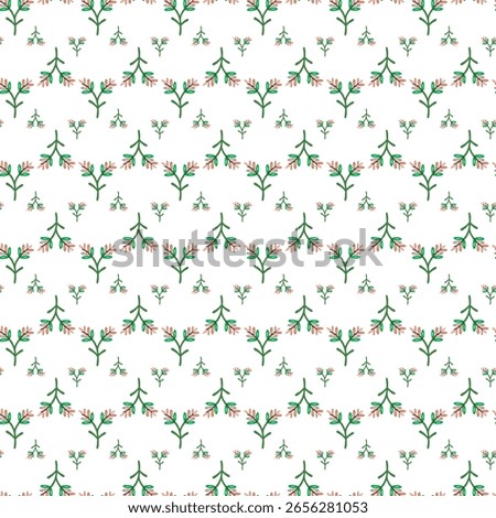 Seamless Pattern of Delicate Floral Motifs with Green Leaves and Pink Blooms