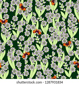 Seamless pattern with a delicate floral pattern. Print for textiles in green tones. Vector illustration.