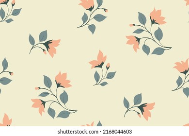 Seamless pattern, delicate floral print with small blooming twigs on a light surface. Feminine botanical background with flowers, leaves on branches. Botany rustic surface design. Vector.