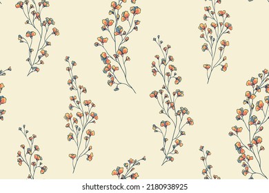 Seamless pattern, delicate floral print with flowering branches. Romantic botanical background with small flowers on thin branches. Feminine surface design in pastel colours. Vector illustration.