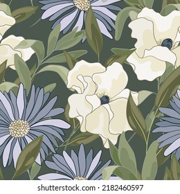 Seamless pattern, delicate floral print with large flowers in natural pastel colors. Beautiful botanical background with hand drawn flowers, leaves, herbs. Vector illustration.