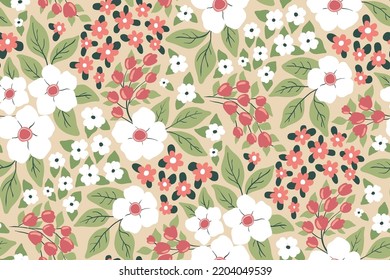 Seamless pattern, delicate floral print with decorative art spring meadow. Abstract composition of hand drawn wild plants: large and small flowers, leaves on a light background. Vector illustration.
