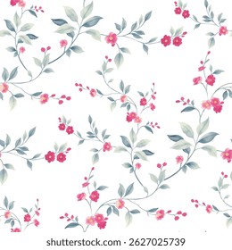 A seamless pattern of delicate floral sprigs against a white background. The sprigs feature stems that curve and intertwine throughout the design. Small, light gray green leaves with soft edges.