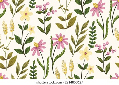 Seamless pattern, delicate floral pattern with wild flowers on a white background. Romantic botanical design with hand drawn plants: flowers, leaves, herbs. Vector illustration, watercolor imitation.