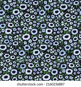 Seamless pattern with delicate flower meadow, small blue flowers, leaves and twigs on a dark field. Romantic floral print, trendy botanical background with hand drawn plants. Vector illustration.