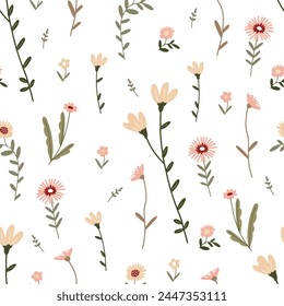 Patrón sin costuras con flores delicadas en estilo doodle. Tela hecha a mano, embalaje del regalo.