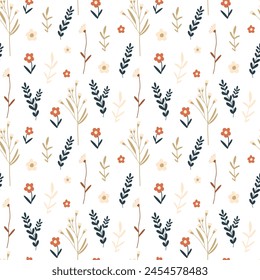 Seamless pattern with delicate flowers in doodle style. Handmade fabric, gift packaging.

