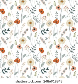 Seamless pattern with delicate flowers in doodle style. Handmade fabric, gift packaging.	
