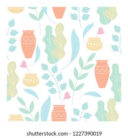 Seamless pattern of delicate flowers, leaves and ceramic vases hand drawn. On white background.