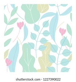 Seamless pattern of delicate flowers and leaves hand drawn. On white background.