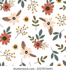 Seamless pattern with delicate flowers, leaves and twigs on a white background. Flat vector illustration
