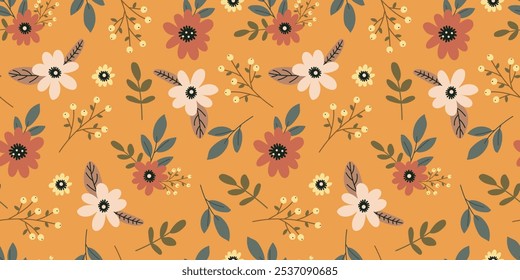 Seamless pattern with delicate flowers, leaves and twigs on an orange background. Flat vector illustration