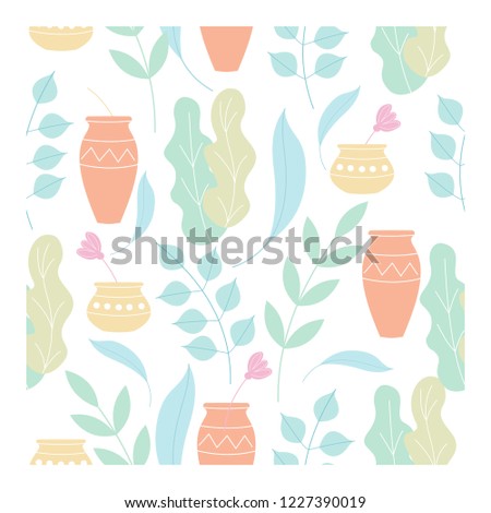 Seamless pattern of delicate flowers, leaves and ceramic vases hand drawn. On white background.