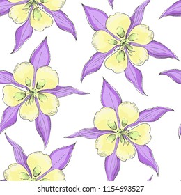 Seamless pattern with delicate flowers on white background. Wallpaper with botanical ornament.