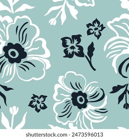 Seamless pattern with delicate flowers on a turquoise background. Handmade fabric, gift packaging.