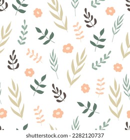 Seamless pattern with delicate flowers and plants. Vector illustration isolated on white background for your design