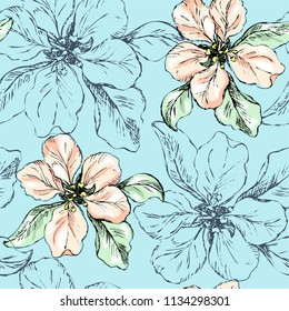 Seamless pattern with delicate flowers. Romantic wallpaper with blooming flowers. Tender botanical ornament.