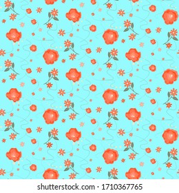 Seamless pattern with delicate flowers roses and daisies. Vector floral pattern suitable for wallpaper or fabric on a light blue background.