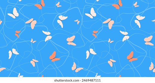 Seamless pattern with delicate fluttering butterflies. Summer abstract print. Vector graphics.