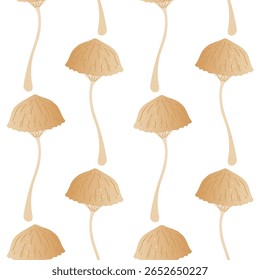 Seamless pattern with delicate forest mushrooms in beige tones. Clean white background and gentle texture. Ideal for eco packaging, minimal autumn print, fall banner or modern fabric