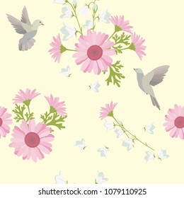 Seamless pattern with delicate gerberas, white bells and birds. For decorating textiles, packaging and wallpaper. Vector illustration.