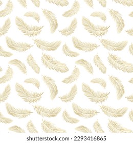 Seamless pattern with delicate golden feathers on a white background. Background, textile, vector