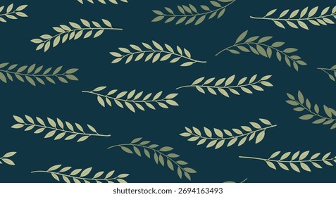 Seamless pattern of delicate golden laurel branches on a dark teal background.