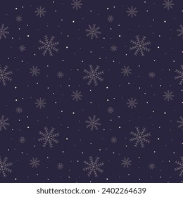 Patrón sin foco, delicados copos de nieve dorados sobre un fondo azul. Imprimir, fondo navideño, vector