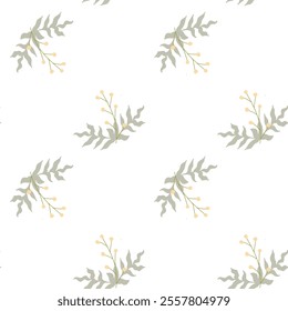 Seamless pattern of delicate green leaves and yellow buds on white background.