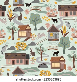  Seamless pattern in delicate green, yellow colors. Nature, forest, trees, flowers, cottage, cats, hares. Hand drawn, vector