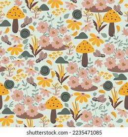  Seamless pattern in delicate green, yellow colors. Nature, forest, trees, flowers, mushrooms, insects. Hand drawn, vector