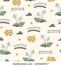  Seamless pattern in delicate green, yellow colors. Nature, garden, flowers,  Hand drawn, vector