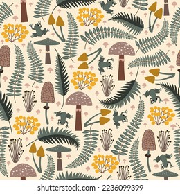  Seamless pattern in delicate green, yellow colors. Nature, forest, trees, mushrooms, frog, toad, fern. Hand drawn, vector