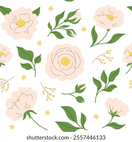 Seamless pattern of delicate hand drawn flowers, leaves and branches in flat line, doodle style. Background. Trendy vector botanical illustration on white background