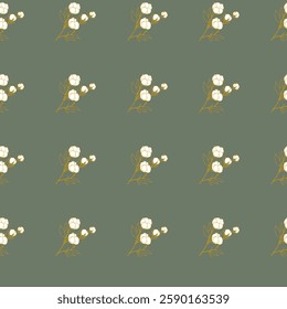 Seamless pattern with delicate hand-drawn cotton flowers on a green background. Perfect for fabric, wallpaper, wrapping paper, and stationery.