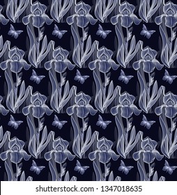 Seamless pattern with delicate Iris with  air butterflies,Outline of a contour iris, A gentle iris filled with strokes