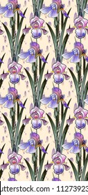 seamless pattern with delicate irises in a bouquet in watercolors