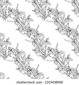 Seamless pattern of delicate irises. Vector illustration.