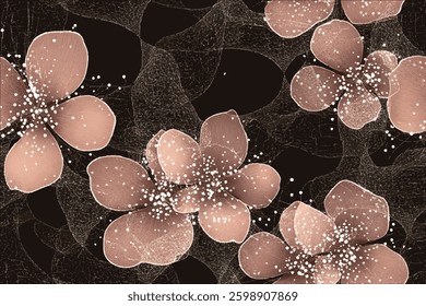A seamless pattern of delicate lace flowers in brown and light pink on a dark chocolate background, vector illustration