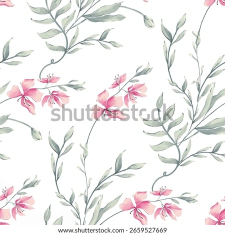 A seamless pattern of delicate, light pink flowers and muted sage green leaves. The flowers are detailed, with a soft, watercolor-like appearance, and appear in various stages of bloom.