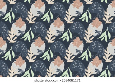 Seamless pattern with delicate line art flowers and abstract shapes in soft blush and blue tones on a dark background. Perfect for wallpaper, textiles
