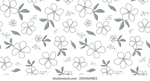 
Seamless pattern with delicate line silhouette of flowers and leaves. Abstract bloom print. Vector graphics.