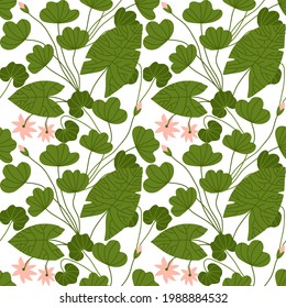 Seamless pattern with delicate lotus flowers and green leaves. For decoration of textiles, packaging and web design. Hand drawn flat vector illustration.