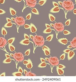 Seamless pattern with delicate orange small flowers on a dark background.