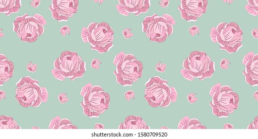 Seamless pattern. Delicate pastel color. Roses on a turquoise background.