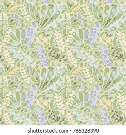 Seamless pattern in delicate pastel colors, flowers and leaves, vector illustration