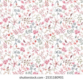 Seamless pattern with delicate pastel-colored watercolor flowers and leaves on a white background. Soft pinks, greens, and browns create a romantic and airy floral design perfect for fabric, wallpaper