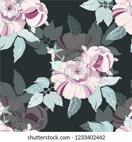 Seamless pattern delicate peony on dark background. Vector illustration.