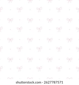 Seamless pattern with delicate pink bows and dots on a white background. Minimal and elegant line-art design, perfect for feminine stationery, baby girl products, fabric, nursery decor,