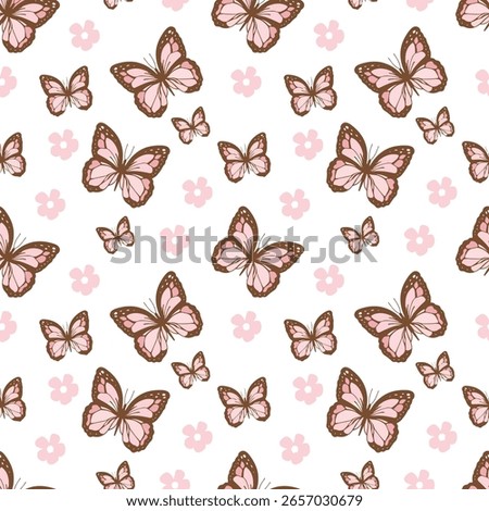 Seamless pattern with delicate pink and brown butterflies and simple pink flowers on a white background. A pretty and feminine insect and floral illustration with a sweet, nostalgic Y2K feel.